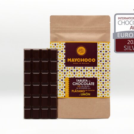 Tableta de Chocolate Negro 70% Cacao Ecuador con Platano de Canarias y Limón