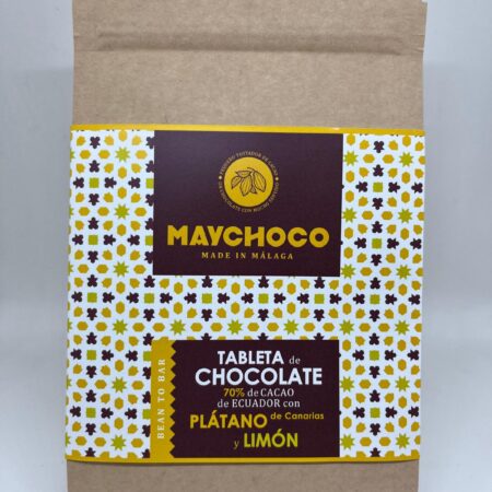 Tableta de Chocolate Negro 70% Cacao Ecuador con Platano de Canarias y Limón